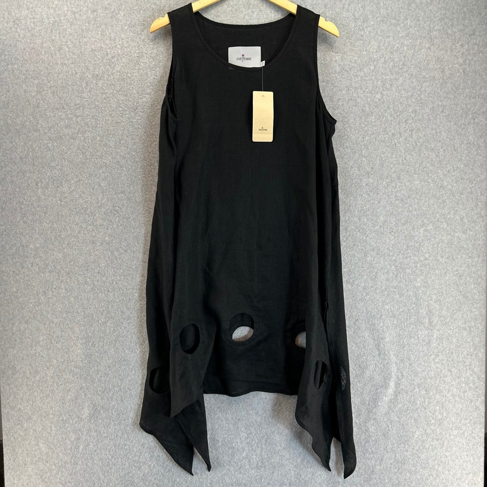 Cheyenne Womens S M Black Linen Sleeveless Dress Cutout Asymmetric Hem Artsy NWT